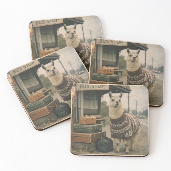 Item preview, Llama Waiting at a Bus Stop Wall Art | Cozy Sweater Llama with Luggage | Retro Photography Aesthetic Vintage Travel Print designed and sold by PaintedPixels01.