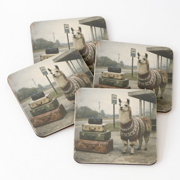 Item preview, Llama Waiting at a Bus Stop Wall Art | Cozy Sweater Llama with Luggage | Retro Photography Aesthetic Vintage Travel Print designed and sold by PaintedPixels01.