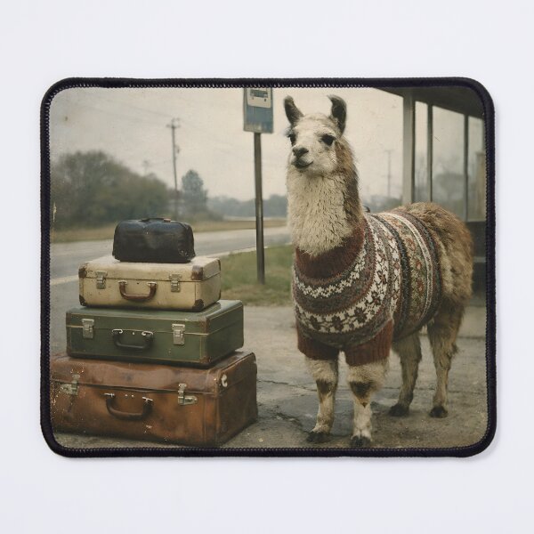 Item preview, Llama Waiting at a Bus Stop Wall Art | Cozy Sweater Llama with Luggage | Retro Photography Aesthetic Vintage Travel Print designed and sold by PaintedPixels01.