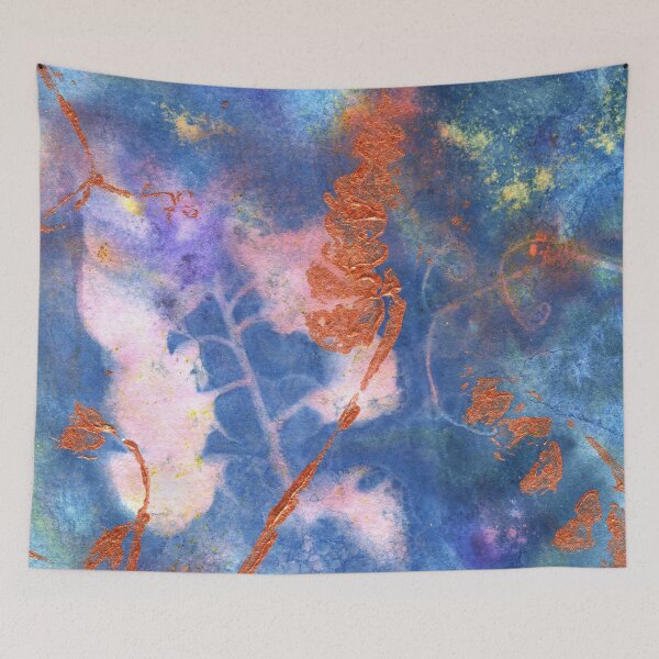 Item preview, Wet Cyanotype of a Lathyrus Latifolius, Perennial Sweet Pea or Broad-Leaved Everlasting Pea with Brusho Crystal Watercolours, Soap Suds Vinegar and Turmeric, and Acrylic Leaf Print designed and sold by LymphomaLass.