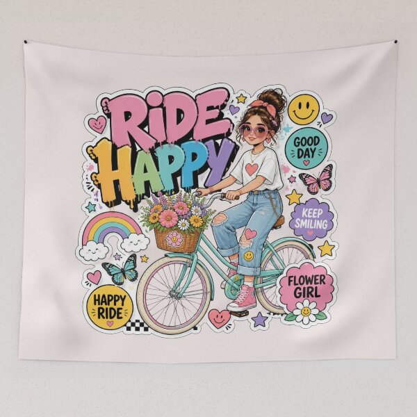 Item preview, RIDE HAPPY Graffiti Sticker PNG | Cute Girl on Bicycle | Colorful Aesthetic Vinyl Decal | Positive Floral Laptop, Journal & Water Bottle Sticker designed and sold by Stylestickers55.