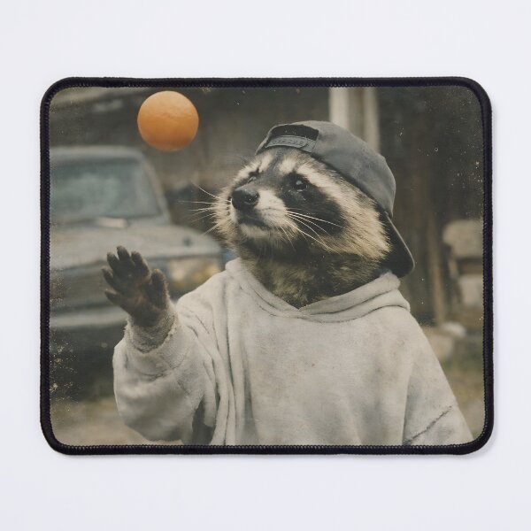 Item preview, Raccoon Playing with an Orange Ball Wall Art | Playful Wildlife Portrait | Retro Photography Aesthetic Vintage Print designed and sold by PaintedPixels01.