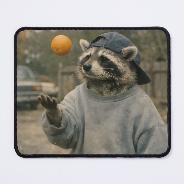 Item preview, Raccoon Playing with an Orange Ball Wall Art | Playful Wildlife Portrait | Retro Photography Aesthetic Vintage Print designed and sold by PaintedPixels01.