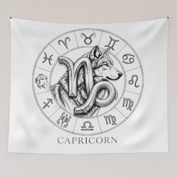 Item preview, Capricorn Wolf Zodiac Wheel Line Art designed and sold by Zodiac Celestial Art.