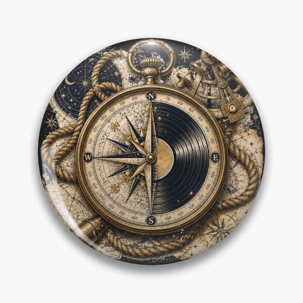Item preview, True North in Grooves | Vintage Compass & Vinyl Nautical Illustration designed and sold by Golden Era Studio.
