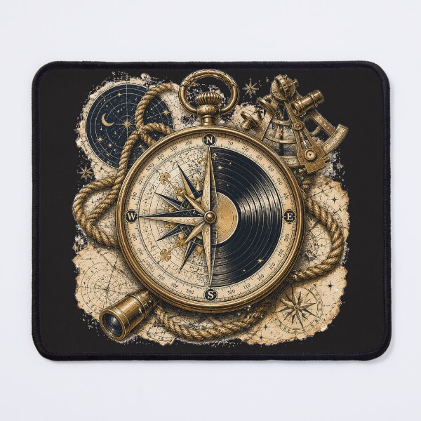 Item preview, True North in Grooves | Vintage Compass & Vinyl Nautical Illustration designed and sold by Golden Era Studio.