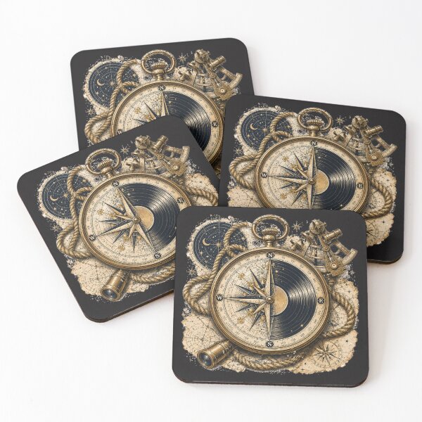 Item preview, True North in Grooves | Vintage Compass & Vinyl Nautical Illustration designed and sold by Golden Era Studio.