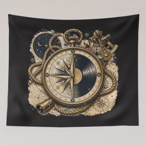 Item preview, True North in Grooves | Vintage Compass & Vinyl Nautical Illustration designed and sold by Golden Era Studio.