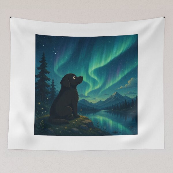 Artikelvorschau, Aurora Dreams – Schwarzer Labrador unter den Nordlichtern | Fantasy- und Naturillustration entworfen und verkauft von Goodthingstree.
