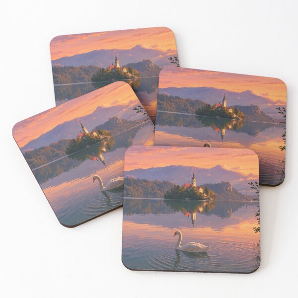 Item preview, Swan on Lake Bled Slovenia at Sunset Illustration designed and sold by Tamara Al Bahri.