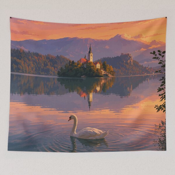 Item preview, Swan on Lake Bled Slovenia at Sunset Illustration designed and sold by Tamara Al Bahri.