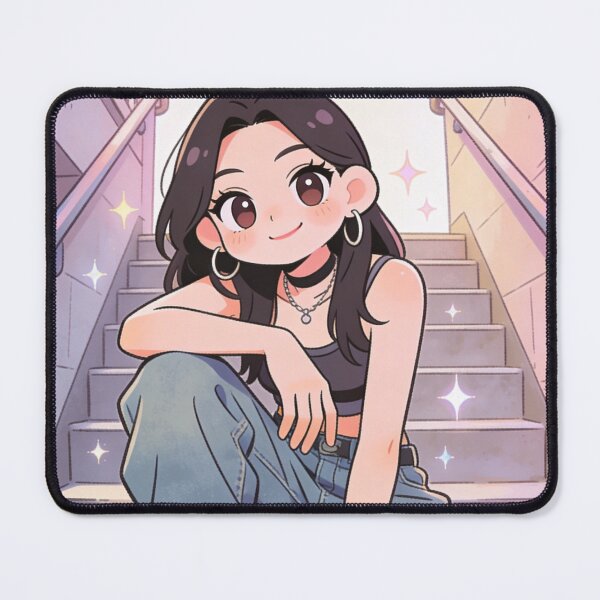 Item preview, Cute Sparkly Anime Girl Crouching on City Steps designed and sold by unboxedbyJuls.