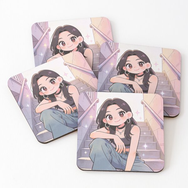 Item preview, Cute Sparkly Anime Girl Crouching on City Steps designed and sold by unboxedbyJuls.