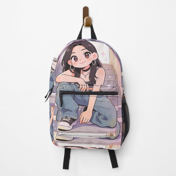 Item preview, Cute Sparkly Anime Girl Crouching on City Steps designed and sold by unboxedbyJuls.