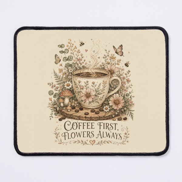 Item preview, Coffee First Flowers Always Vintage Botanical Design - Floral Coffee Cup Illustration with Butterflies designed and sold by WillCraftx.