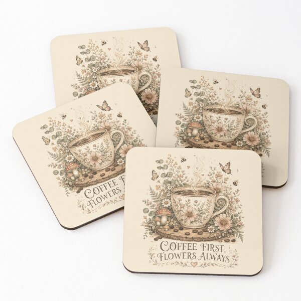 Item preview, Coffee First Flowers Always Vintage Botanical Design - Floral Coffee Cup Illustration with Butterflies designed and sold by WillCraftx.