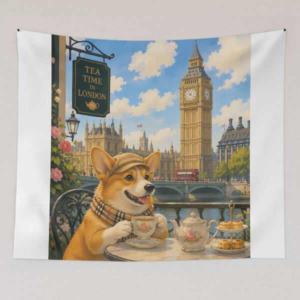 Item preview, Corgi having tea in front of Big Ben designed and sold by Nomad-Paws.
