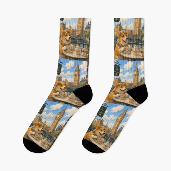 Item preview, Corgi having tea in front of Big Ben designed and sold by Nomad-Paws.