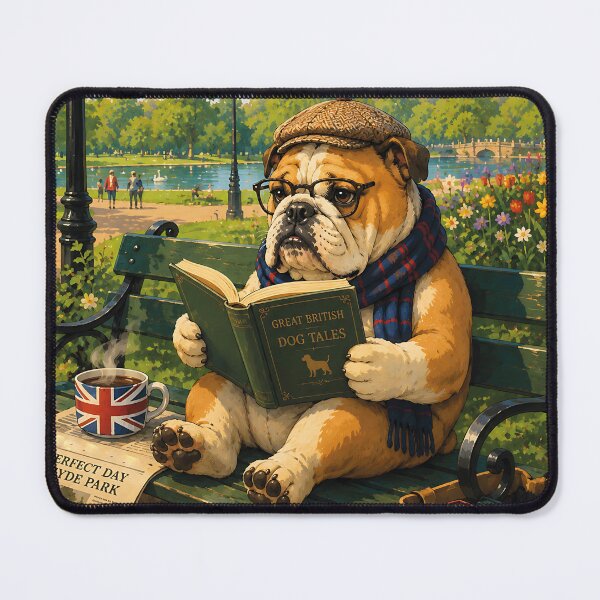 Item preview, English Bulldog reading a book in Hyde Park designed and sold by Nomad-Paws.
