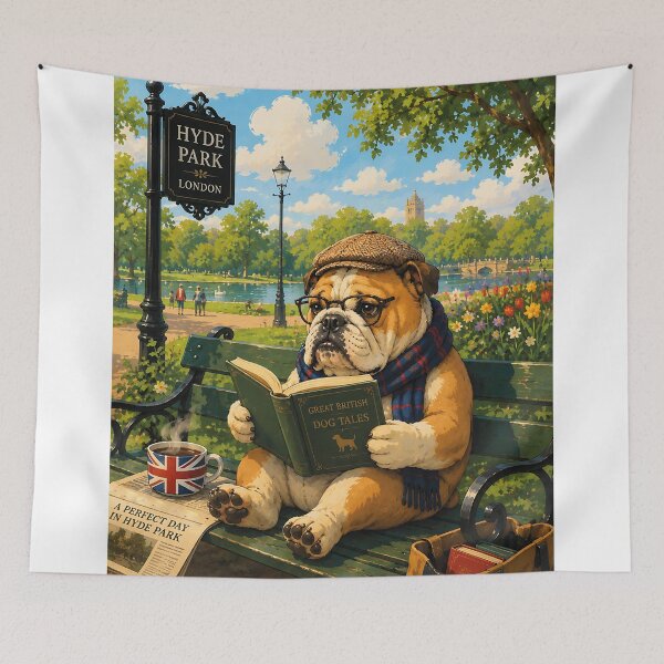 Item preview, English Bulldog reading a book in Hyde Park designed and sold by Nomad-Paws.