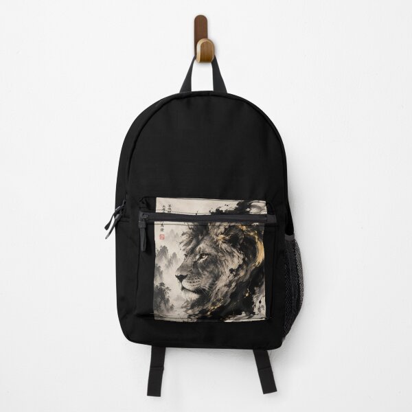 Item preview, Majestic Ink Wash Lion Portrait – Chinese Sumi-e Wildlife Art with Gold Accents designed and sold by ManJiangHong.