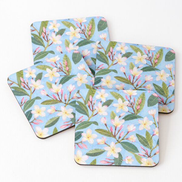 Item preview, Tropical Plumeria Seamless Pattern | Pink Frangipani Floral Collage on Blue | Hawaiian Botanical Print designed and sold by SWSandraWechner.
