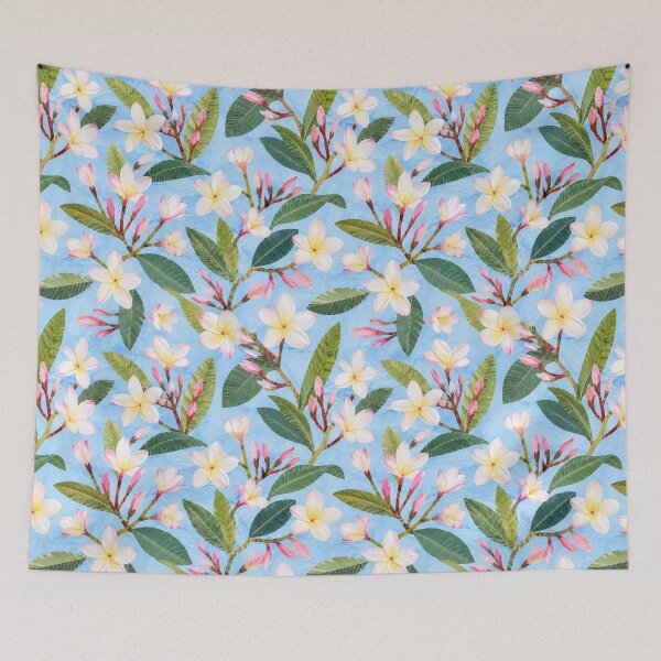 Item preview, Tropical Plumeria Seamless Pattern | Pink Frangipani Floral Collage on Blue | Hawaiian Botanical Print designed and sold by SWSandraWechner.