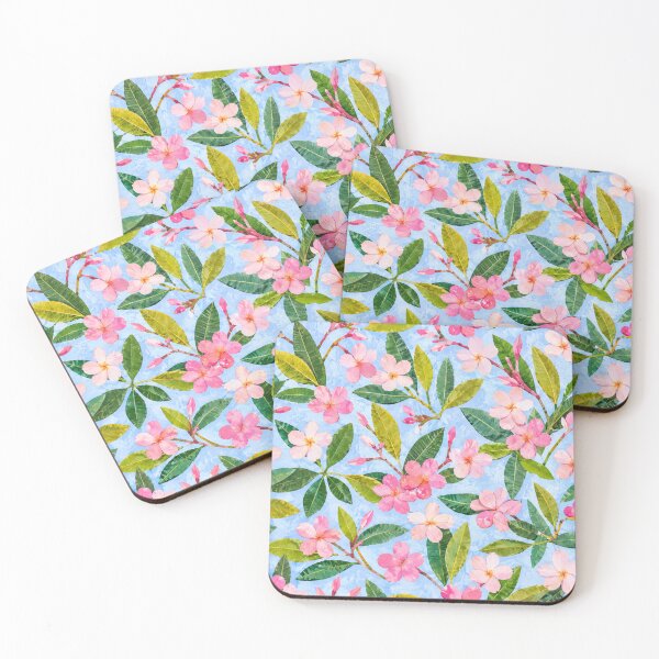 Item preview, Pink Plumeria Seamless Pattern | Tropical Frangipani Floral Collage on Blue | Hawaiian Botanical Print designed and sold by SWSandraWechner.