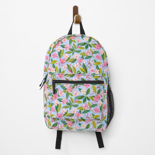 Item preview, Pink Plumeria Seamless Pattern | Tropical Frangipani Floral Collage on Blue | Hawaiian Botanical Print designed and sold by SWSandraWechner.