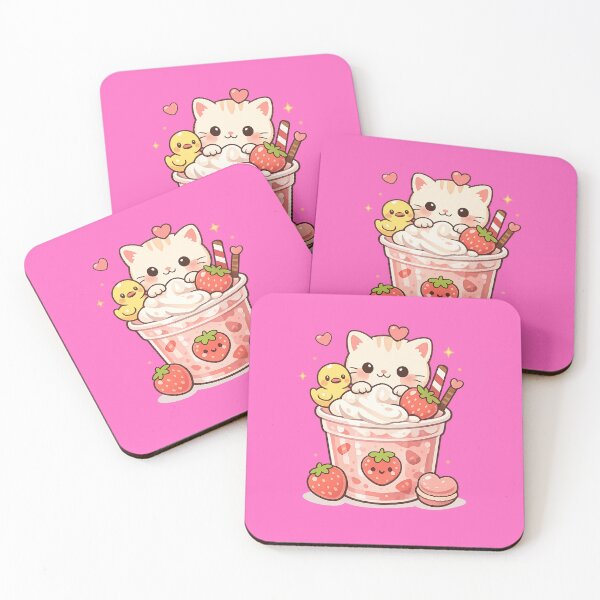 Item preview, Cute Kawaii Kitten & Duck Strawberry Milkshake | Pastel Cozy Cat Aesthetic Sticker & T-Shirt designed and sold by designbyuzi.