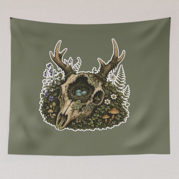 Item preview, Deer Skull Bird Nest with Blue Eggs Botanical Woodland Illustration designed and sold by SimplePoDesign.