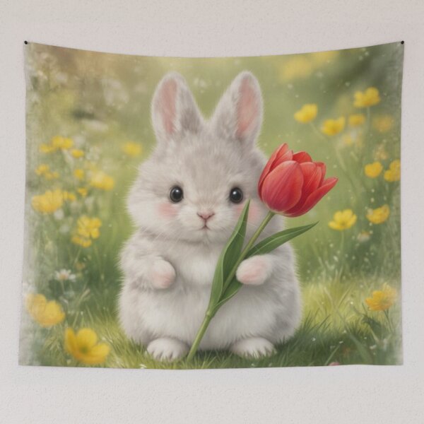 Item preview, Cute Fluffy Bunny Holding Red Tulip in Spring Meadow designed and sold by lovelistivkaa.