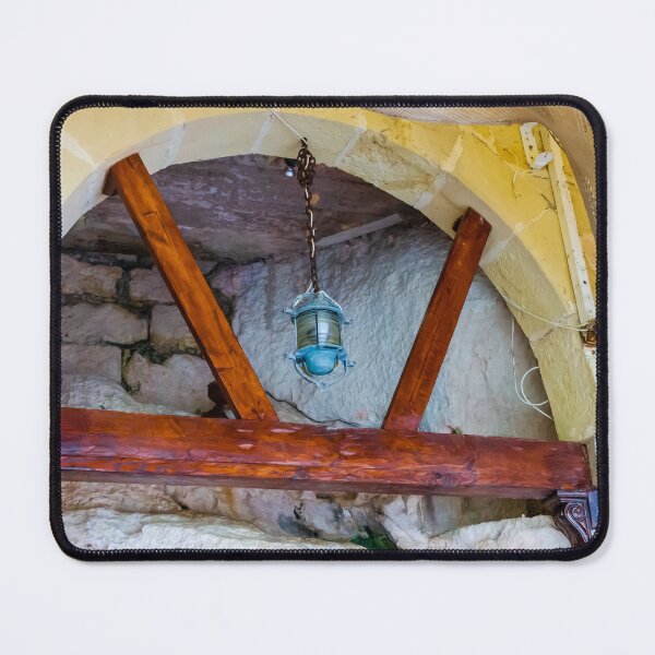 Item preview, Hanging Lantern Under Wooden Beams and Stone Archway in Rustic Historic Mediterranean Interior designed and sold by Nmallia.