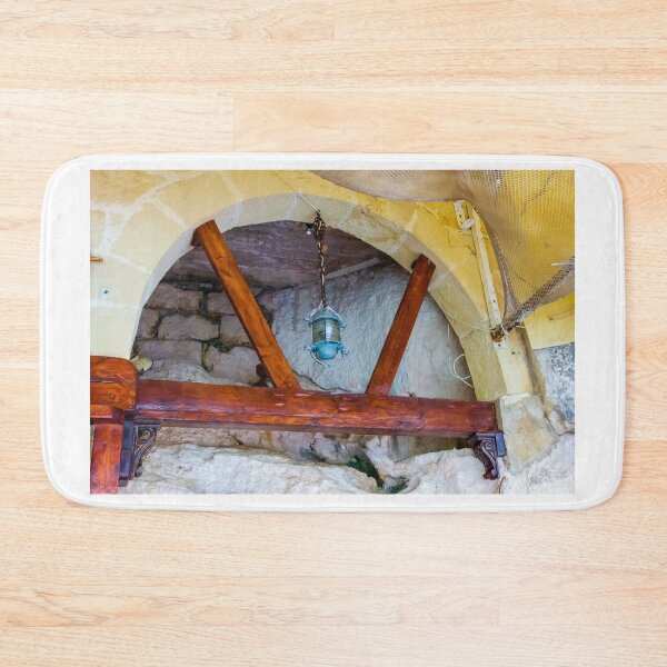 Item preview, Hanging Lantern Under Wooden Beams and Stone Archway in Rustic Historic Mediterranean Interior designed and sold by Nmallia.