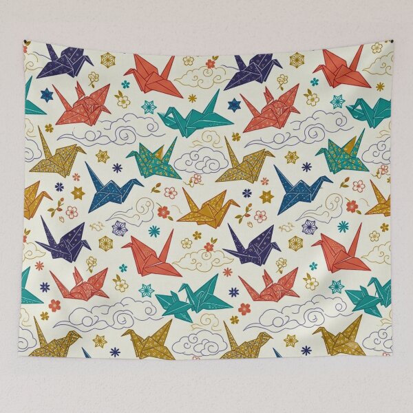 Item preview, Japanese Origami Cranes & Sakura Cream Seamless Pattern Art designed and sold by lavanya11.