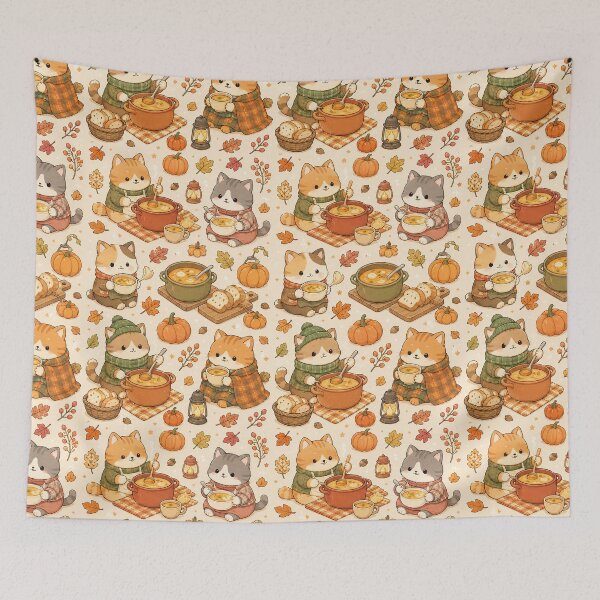Item preview, Cute Cat Pumpkin Soup Kawaii Cozy Pattern designed and sold by Soft Berry Studio.