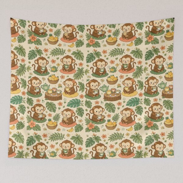 Item preview, Cute Monkey Tea Party Kawaii Cozy Pattern designed and sold by Soft Berry Studio.