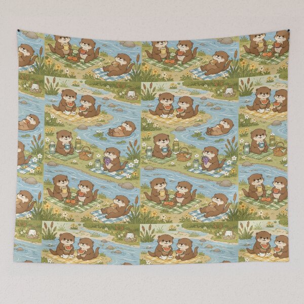 Item preview, Cute Otter River Picnic Kawaii Cozy Pattern designed and sold by Soft Berry Studio.