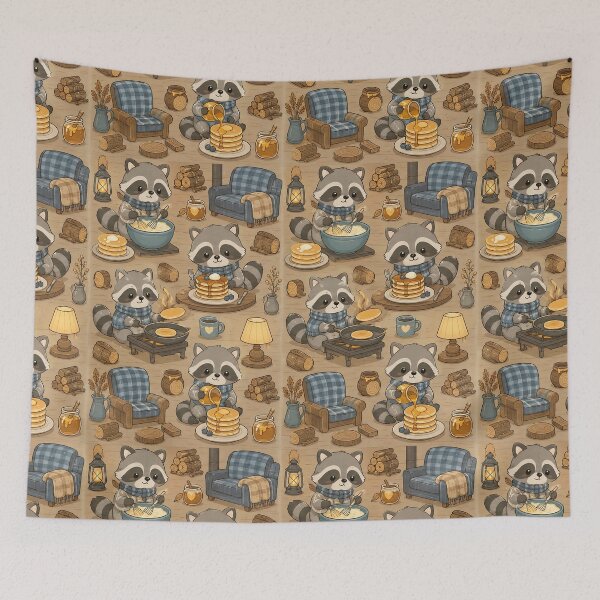 Item preview, Cute Raccoon Cozy Pancake Cabin Kawaii Pattern designed and sold by Soft Berry Studio.