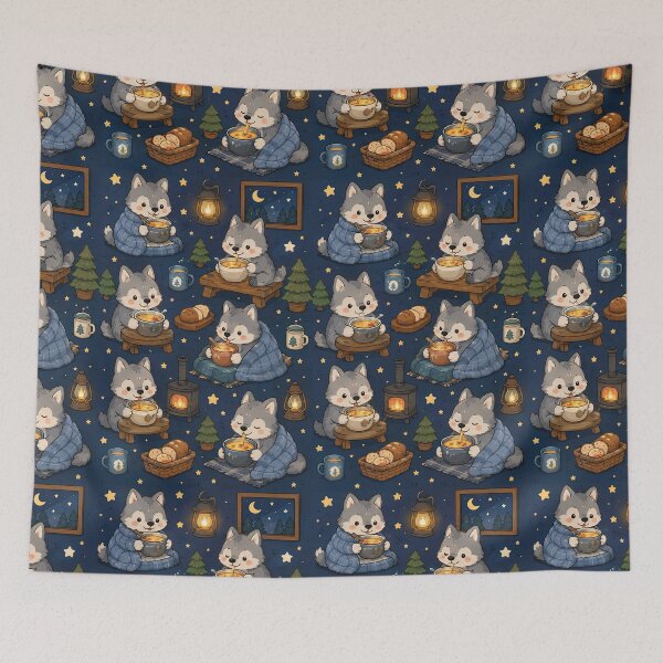 Item preview, Cute Wolf Pup Cozy Soup Night Kawaii Pattern designed and sold by Soft Berry Studio.