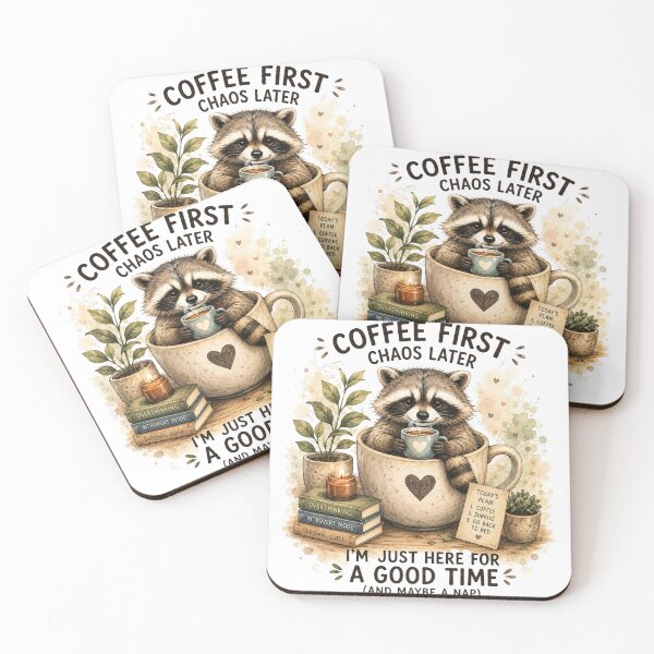 Item preview, Cute Raccoon Coffee First Chaos Later Funny Introvert Art designed and sold by DreamyBrushArt.