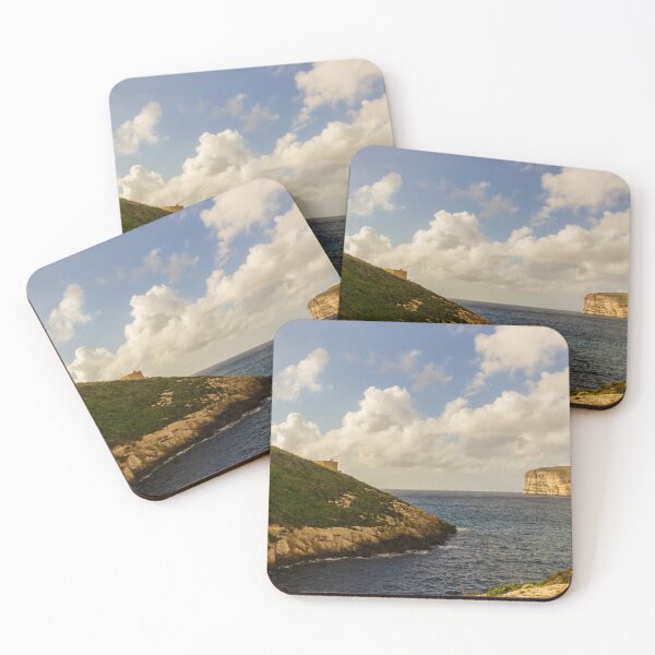 Item preview, Dramatic Coastal Cliffs and Green Headland Overlooking a Calm Blue Bay Under Cloudy Sky designed and sold by Nmallia.