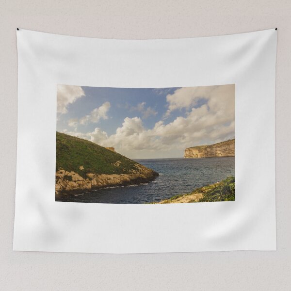 Item preview, Dramatic Coastal Cliffs and Green Headland Overlooking a Calm Blue Bay Under Cloudy Sky designed and sold by Nmallia.