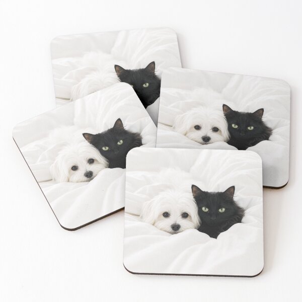 Item preview, Fluffy Maltese Dog and Black Cat on White Bed designed and sold by Lucia Amaris Art.