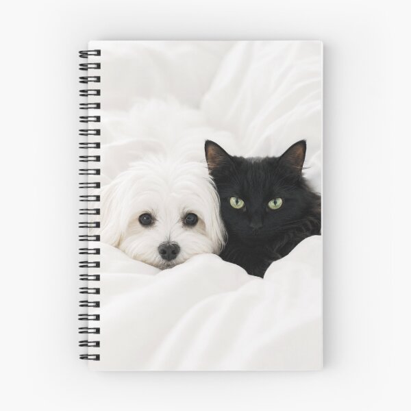 Item preview, Fluffy Maltese Dog and Black Cat on White Bed designed and sold by Lucia Amaris Art.