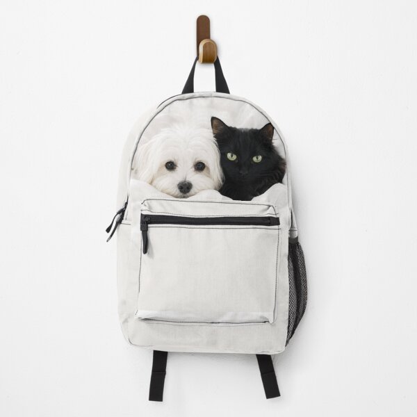 Item preview, Fluffy Maltese Dog and Black Cat on White Bed designed and sold by Lucia Amaris Art.