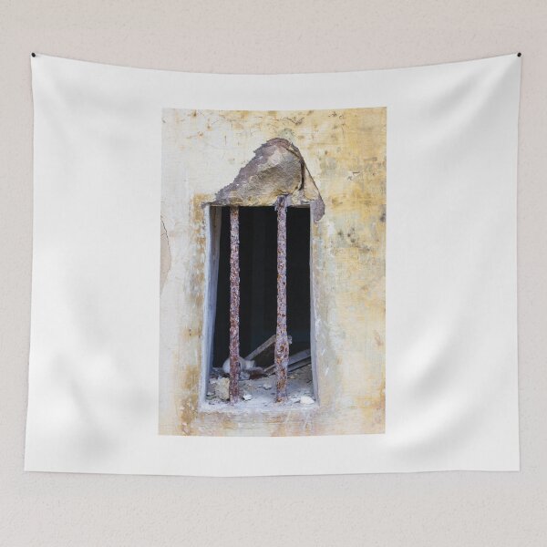 Item preview, Rusty Iron Bars in Aged Yellow Wall Window of Abandoned Building Showing Decay and Neglect designed and sold by Nmallia.