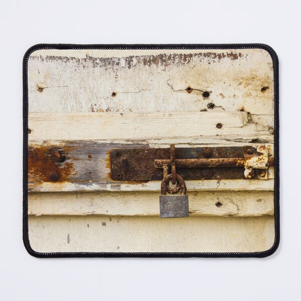 Item preview, Rusty Padlock and Corroded Metal Latch on Weathered Painted Wooden Door Panel designed and sold by Nmallia.
