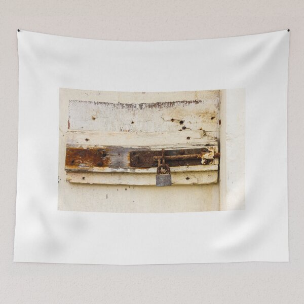 Item preview, Rusty Padlock and Corroded Metal Latch on Weathered Painted Wooden Door Panel designed and sold by Nmallia.