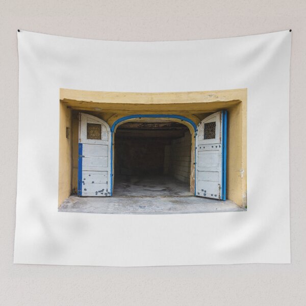 Item preview, Open Rustic Garage Door With Arched Entrance, Blue Trim and Weathered White Panels on Yellow Wall designed and sold by Nmallia.